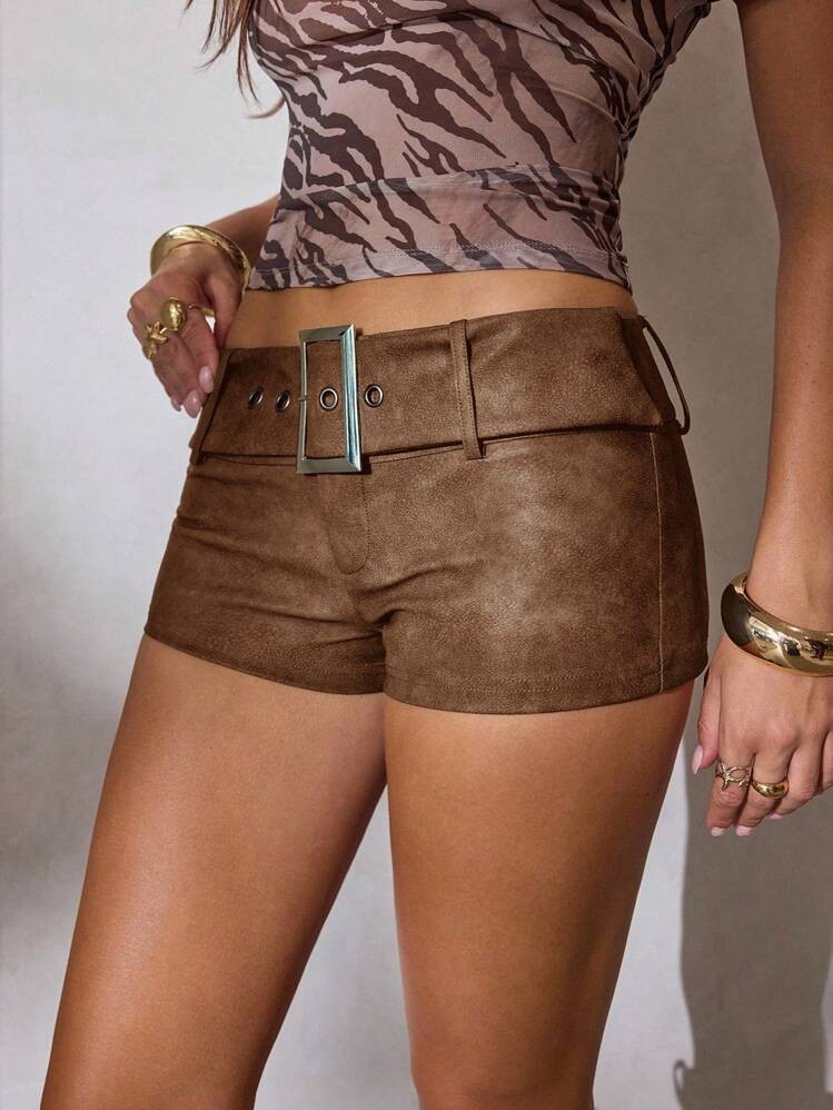 High-Waist Faux Suede Belted Shorts In Brown